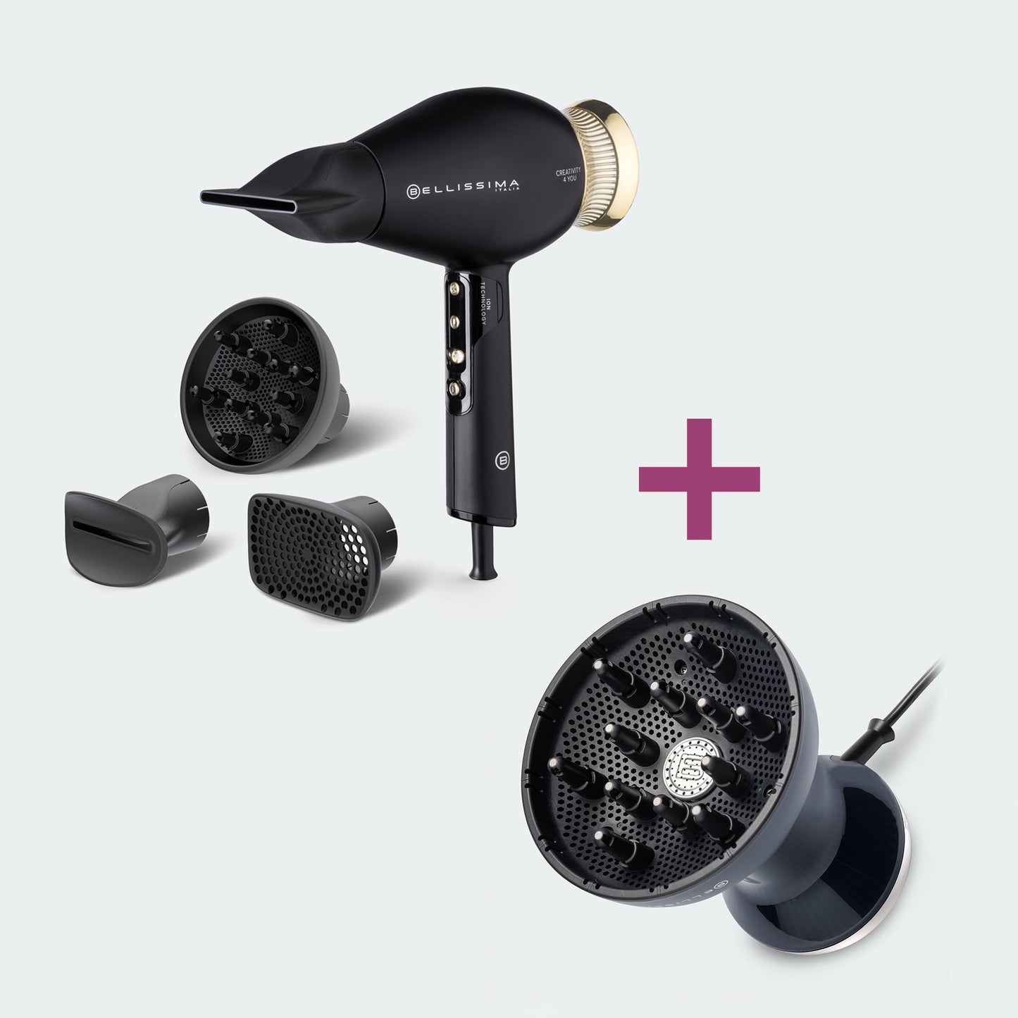 Kit de secador de pelo profesional con accesorios Creativity 4 You® y difusor de aire caliente Diffon® Supreme Deluxe XL con iones