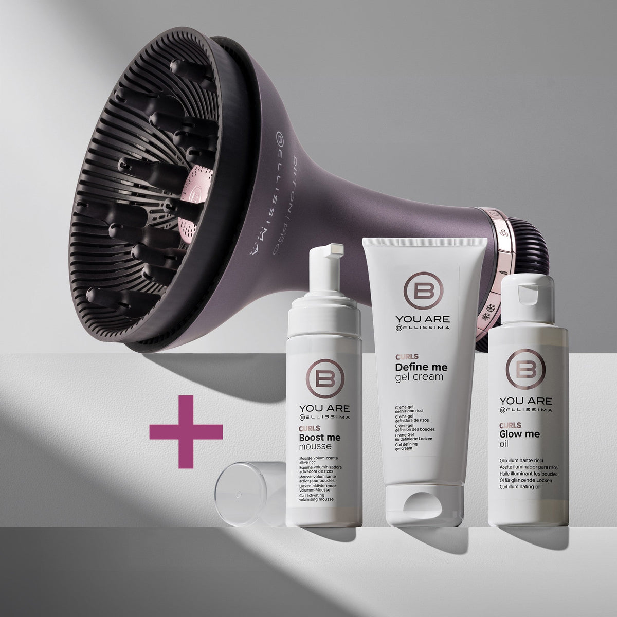 Kit de peinado completo para cabello rizado con Diffon Pro Curl, crema-gel Define Me Cream-Gel, mousse voluminizadora Boost Me Mousse y aceite Glow Me Oil