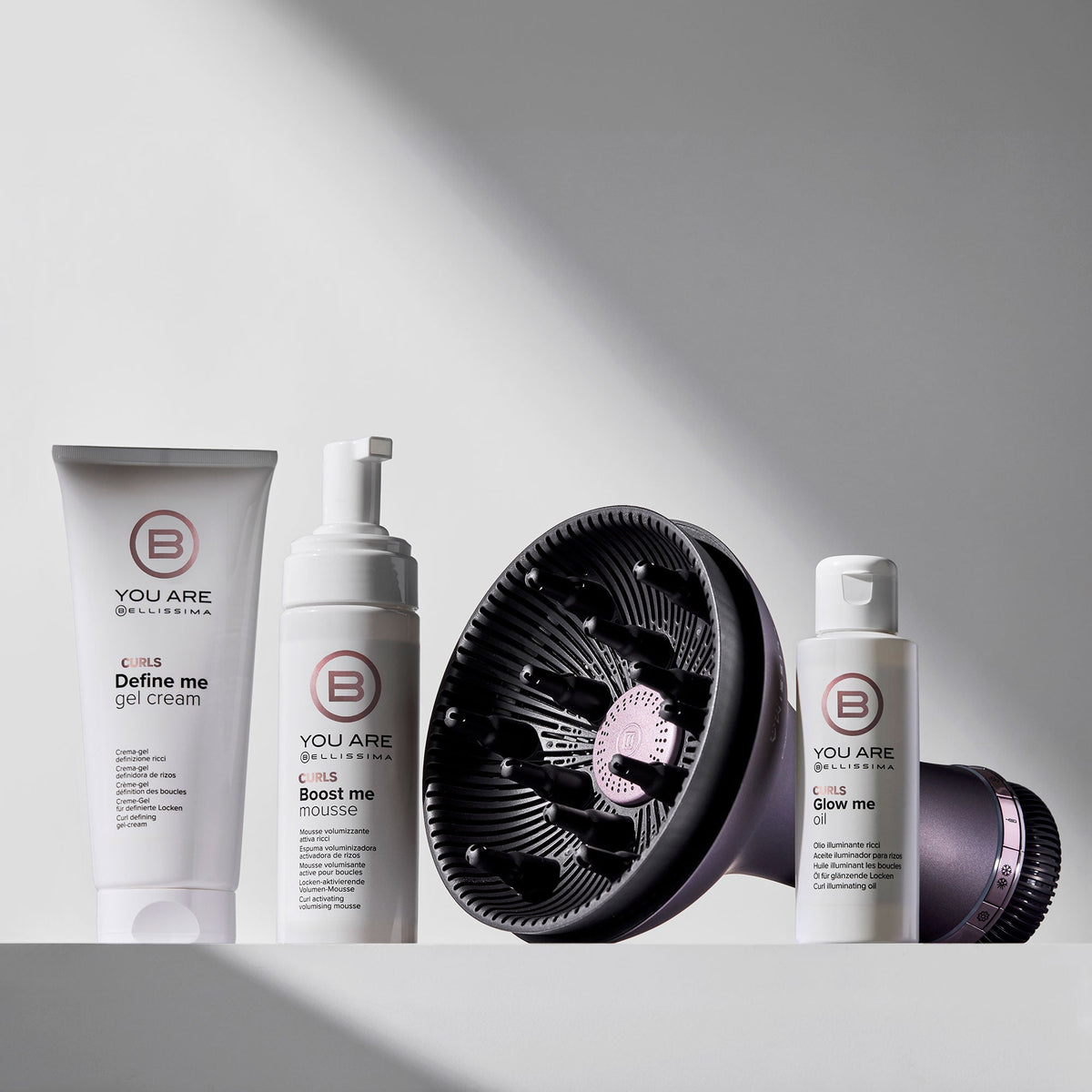 Kit de peinado completo para cabello rizado con Diffon Pro Curl, crema-gel Define Me Cream-Gel, mousse voluminizadora Boost Me Mousse y aceite Glow Me Oil