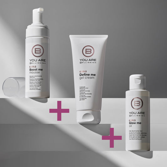 Kit de peinado completo para cabello rizado con crema-gel definidora Define Me Cream-Gel, mousse voluminizadora Boost Me Mousse y aceite iluminador Glow Me Oil